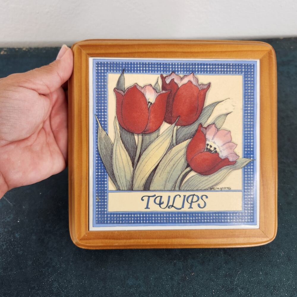 VTG Wright 1996 Tulips Floral Tile Trivet Wooden Trim Wall Hanging Decor